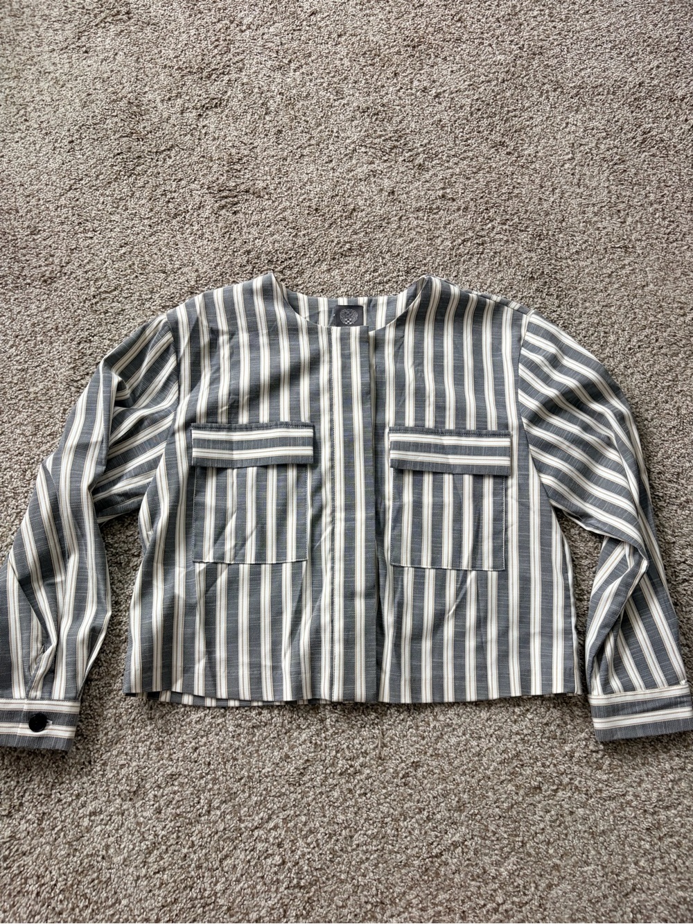 Vince Camuto Blue & White Striped Crewneck Jacket